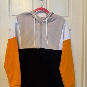 Stylish Colorblock Women's Hoodie - Gray, Black, and Orange